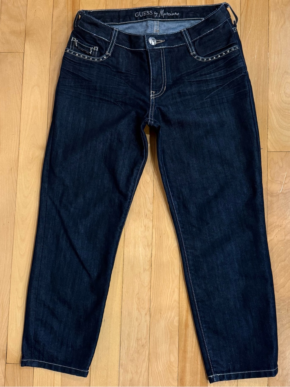 GUESS by Marciano Dark Wash Rhinestone Cropped Jeans Size 30